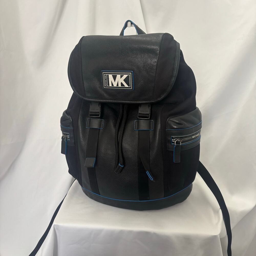 Michael Kors MK Black Nylon Leather Cooper Backpack Logo Patch Buckle Flap Bag